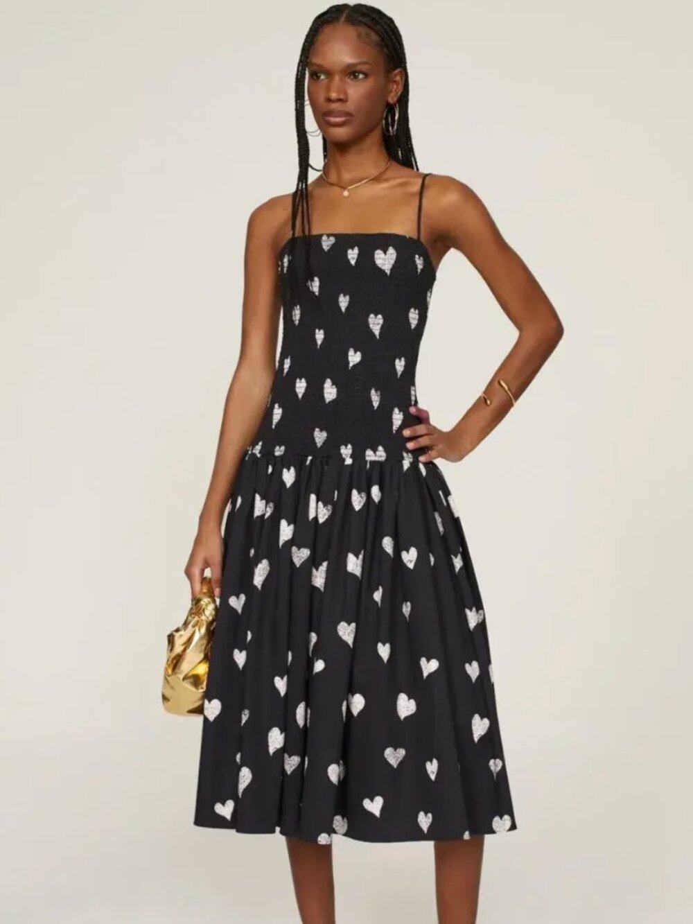 Autumn Adeigbo Winne Black Heart Print Smocked A-Line Square Neck Midi Dress 6